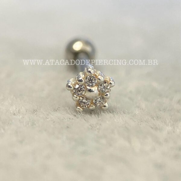 Minibarbell Prata 925 Flor Zircônias - Imagem 4