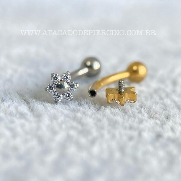 Minibarbell Curvo Titânio Rosca Interna Flor Zircônias - Imagem 1
