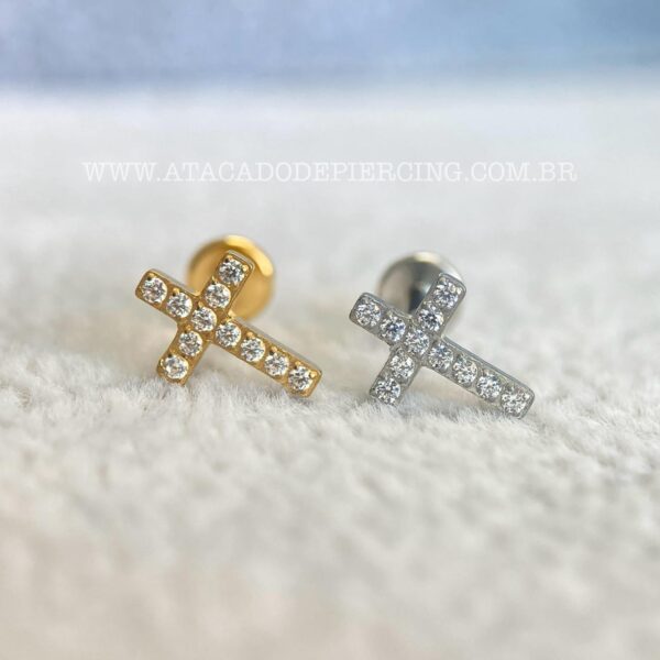 Labret Aço Rosca Interna Cruz Zirconias - Imagem 1