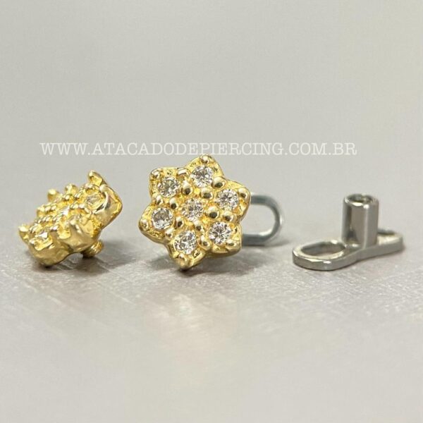Kit Microdermal Titânio Topo Ouro 18K Flor Zircônias - Imagem 2