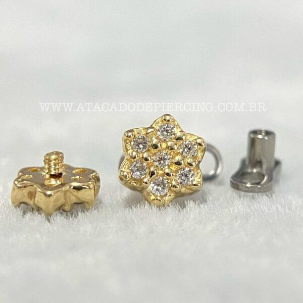 Kit Microdermal Titânio Topo Ouro 18K Flor Zircônias - Imagem 3