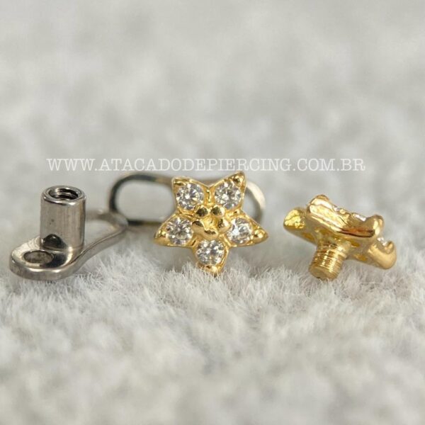 Kit Microdermal Titânio Topo Ouro 18K Flor Zircônias - Imagem 1