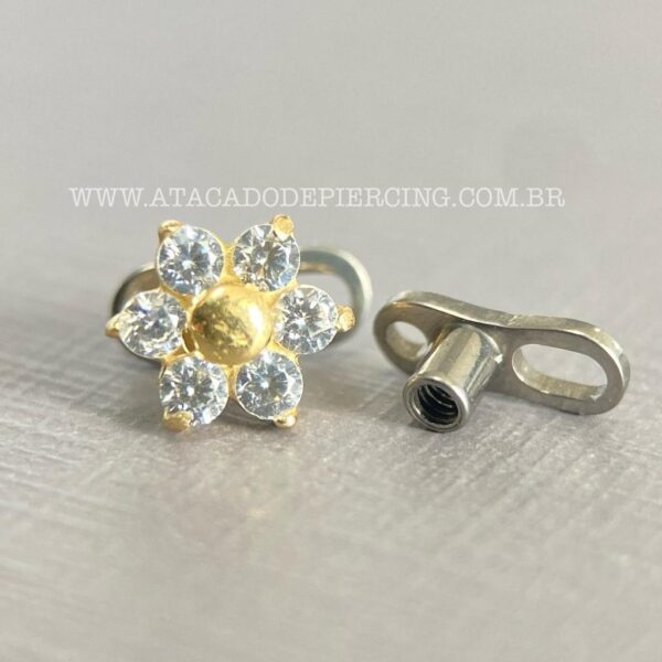 Kit Microdermal Titânio Topo Ouro 18K Flor Zircônias - Imagem 2