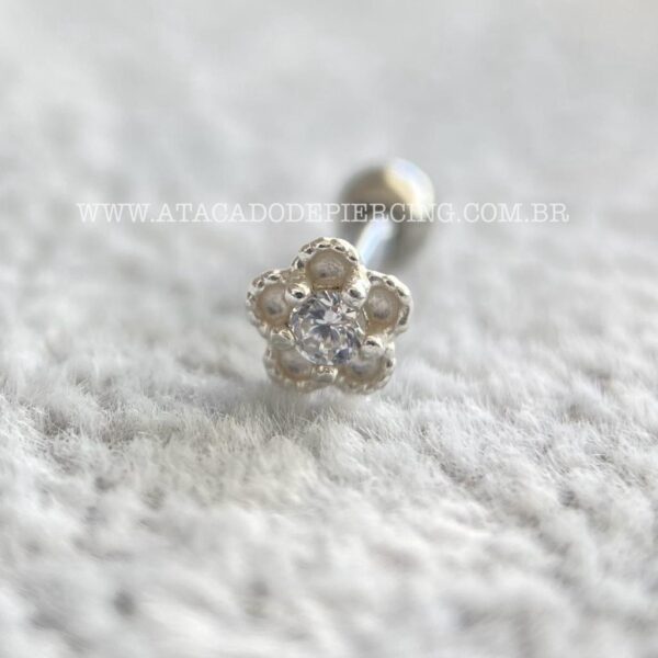 Minibarbell Prata 925 Flor Zircônia - Imagem 4