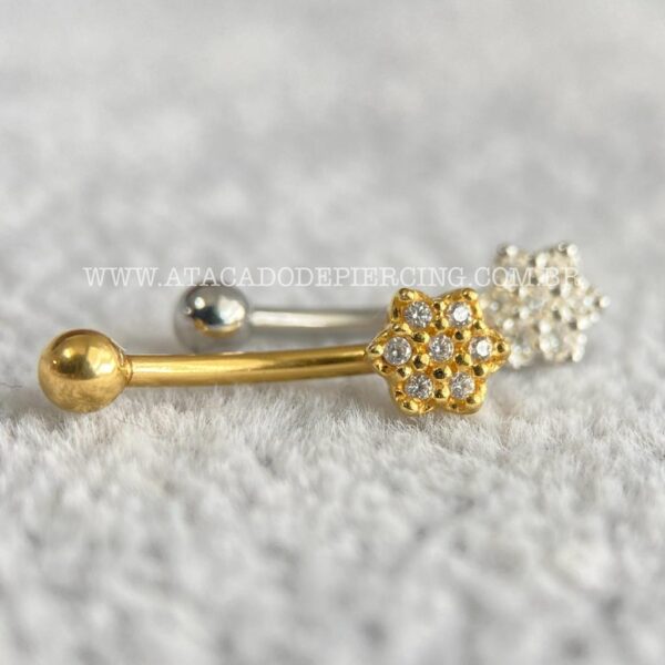 Minibarbell Curvo Prata 925 Flor Zircônias - Imagem 2