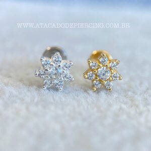 Labret Titânio Topo Prata 925 Flor Zircônias