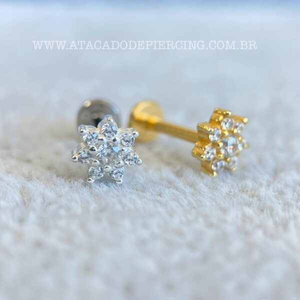 Labret Titânio Topo Prata 925 Flor Zircônias - Imagem 2