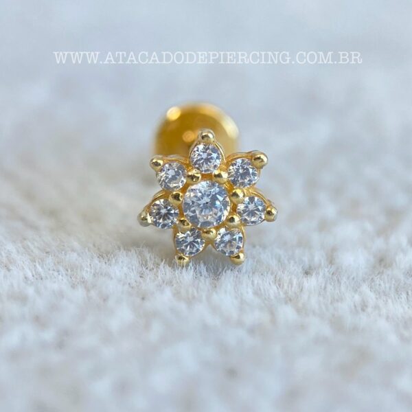 Labret Titânio Topo Prata 925 Flor Zircônias - Imagem 3