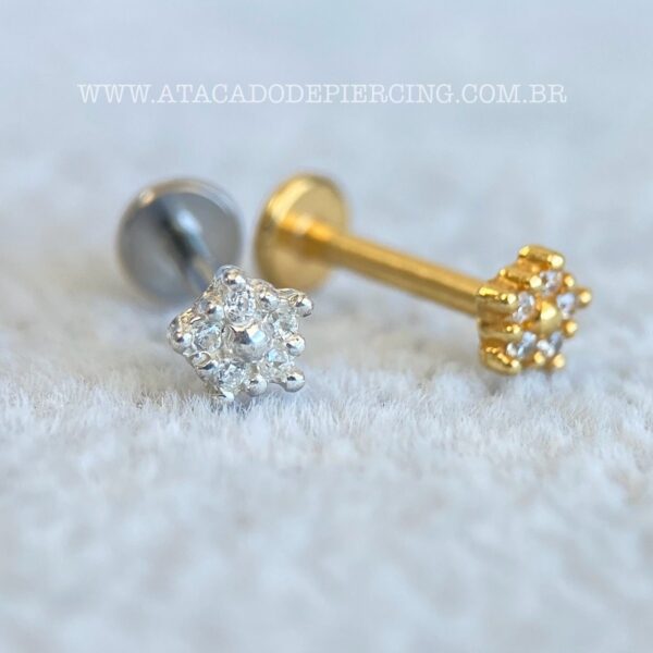Labret Titânio Topo Prata 925 Flor Zircônias - Imagem 2