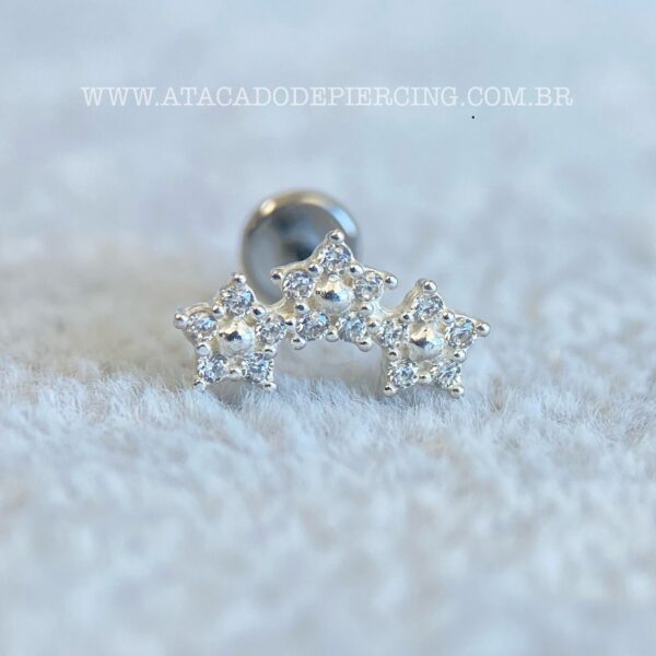 Labret Titânio Topo Prata 925 Flores Zircônias - Imagem 4