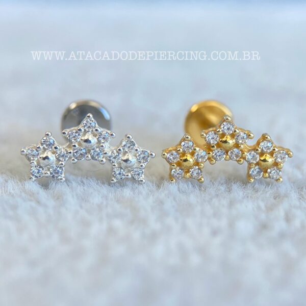 Labret Titânio Topo Prata 925 Flores Zircônias - Imagem 1