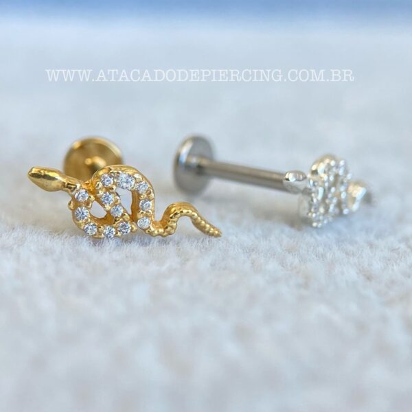 Labret Titânio Topo Prata 925 Cobra Zircônias - Imagem 2