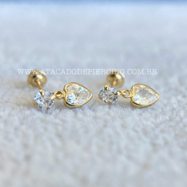 Brinco Ouro 18K Zirconia Pingente Coração - Imagem 1