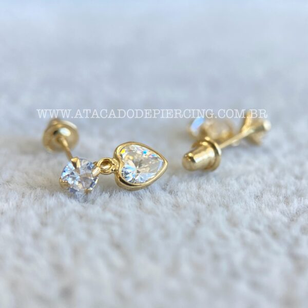Brinco Ouro 18K Zirconia Pingente Coração - Imagem 2