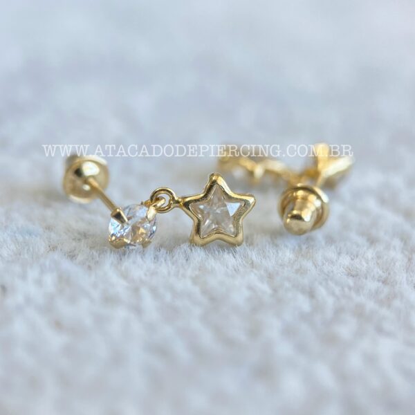 Brinco Ouro 18K Zirconia Pingente Estrela - Imagem 2