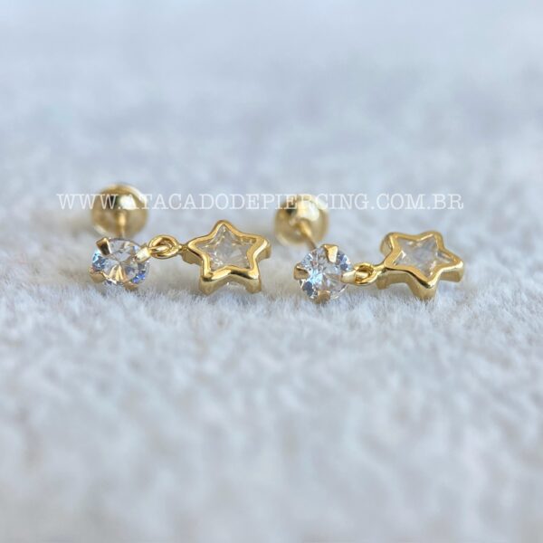 Brinco Ouro 18K Zirconia Pingente Estrela - Imagem 1