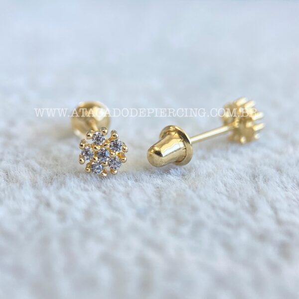 Brinco Ouro 18K Flor Floco de Neve Zirconias - Imagem 2