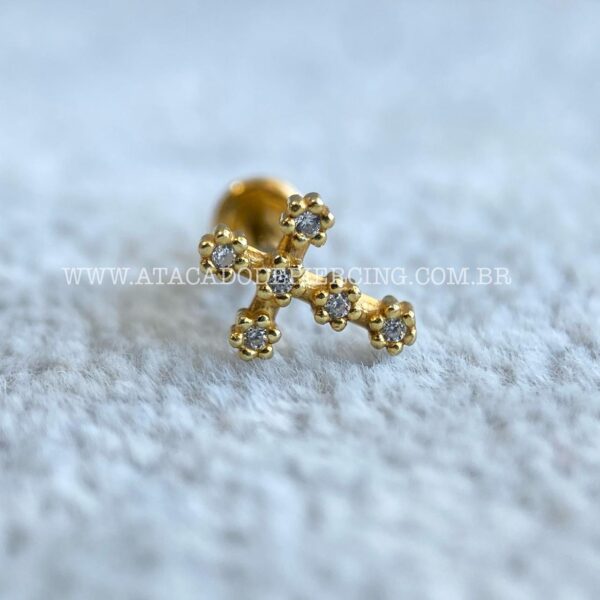 Labret Titânio Topo Prata 925 Cruz Zircônias - Imagem 3
