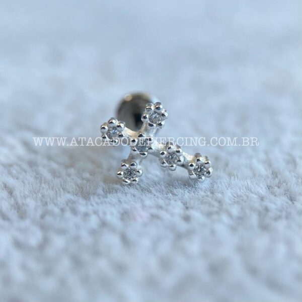 Labret Titânio Topo Prata 925 Cruz Zircônias - Imagem 2
