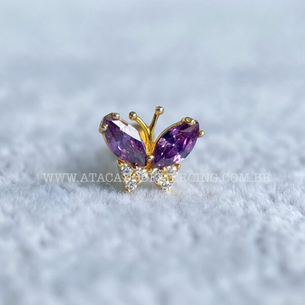 Minibarbell Prata 925 Borboleta Zircônia Roxo - Imagem 2