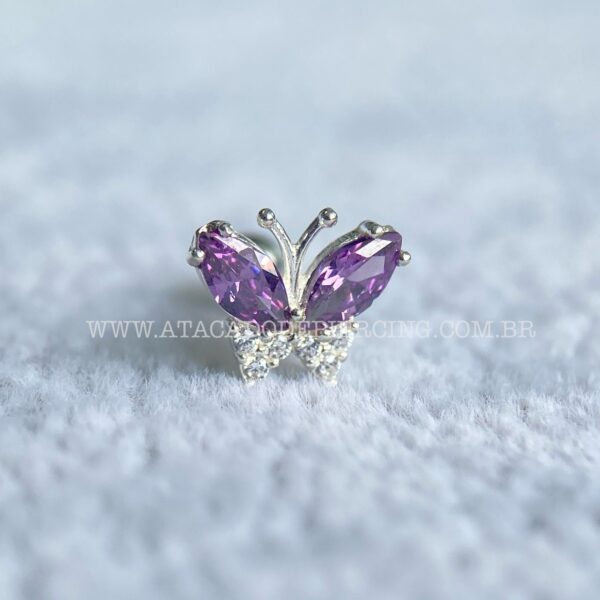 Minibarbell Prata 925 Borboleta Zircônia Roxo - Imagem 4