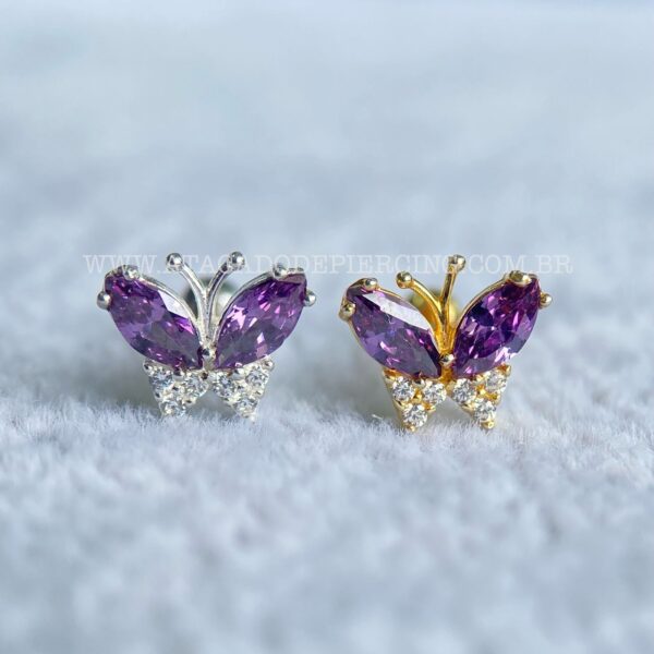 Minibarbell Prata 925 Borboleta Zircônia Roxo - Imagem 1