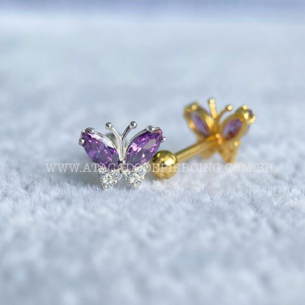 Minibarbell Prata 925 Borboleta Zircônia Roxo - Imagem 3