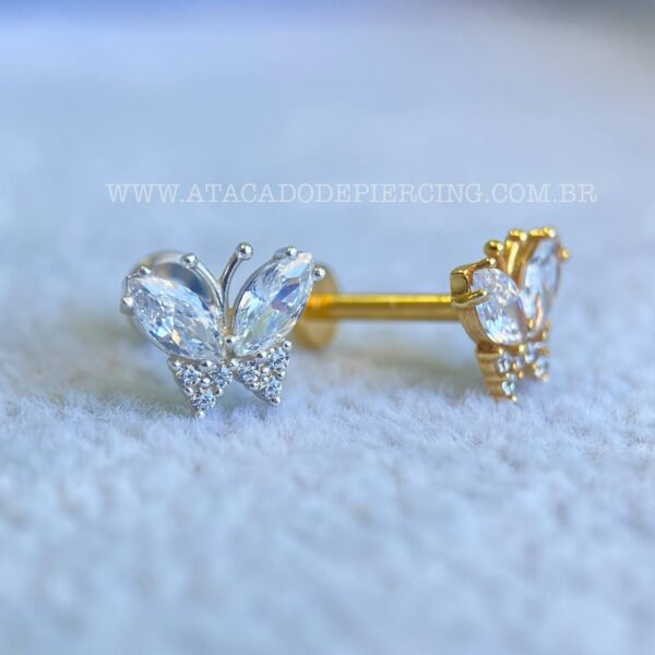 Labret Titânio Topo Prata 925 Borboleta Zircônias - Imagem 3