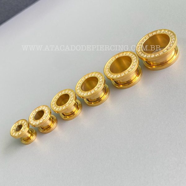 Alargador Aço Cirúrgico Gold Pvd Cravejado Zircônias - Imagem 3