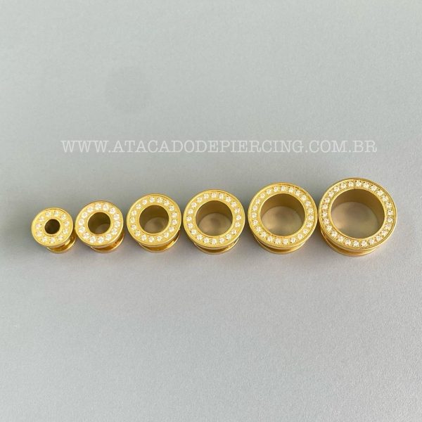 Alargador Aço Cirúrgico Gold Pvd Cravejado Zircônias - Imagem 2