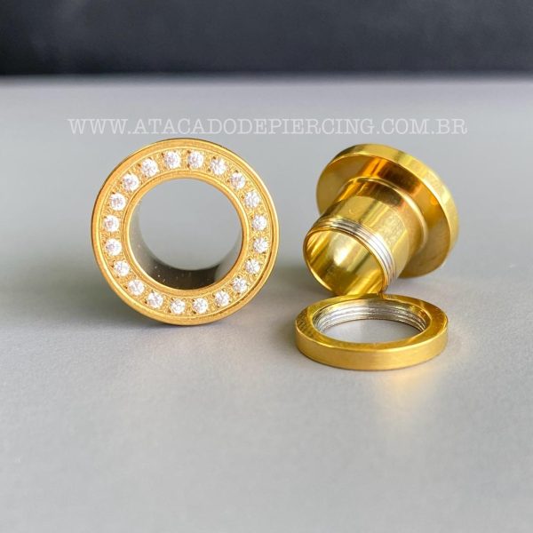 Alargador Aço Cirúrgico Gold Pvd Cravejado Zircônias - Imagem 1