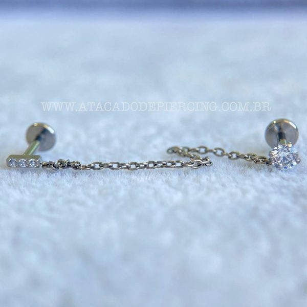 Labret Rosca Interna Titânio Duplo Zircônias com Corrente - Imagem 1