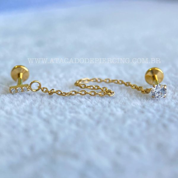 Labret Rosca Interna Titânio Duplo Zircônias com Corrente - Imagem 4